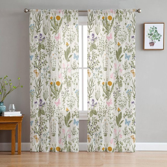 Transparente Tüll-Vorhänge mit Vintage Kräuterblumen und Schmetterlings-Motiv von Household supplies MH, Farbe: Transparent/Mehrfarbig, Breite: 135 cm, Höhe: 160 cm - Bild 1