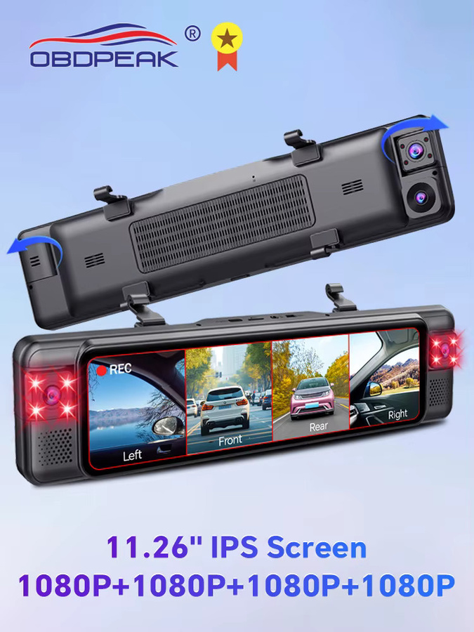 OBDPEAK D75 4-Kanal 11 Zoll Dashcam Rückspiegelkamera mit Dual-Objektiv, 1080P Full HD, Infrarot-Nachtsicht, WIFI und GPS in Schwarz - Bild 4