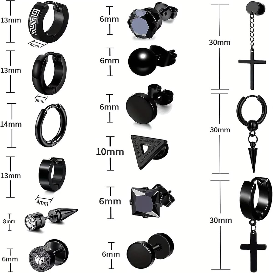 YIXI Ohrring-Set, Ohrstecker und Creolen, Edelstahl, Schwarz, Herren - Bild 2