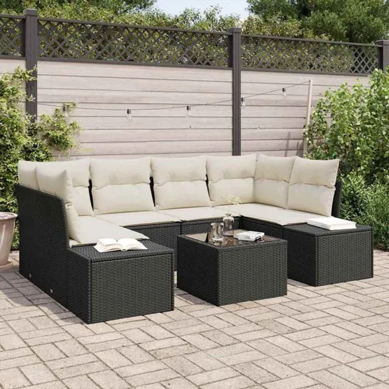 Vidaxl Loungemöbel Garten-Sofa-Set aus Polyrattan mit 7-teiligem Kissen-Set in Schwarz und Beige, B/T/H: 55 x 55 x 37 cm - Bild 1