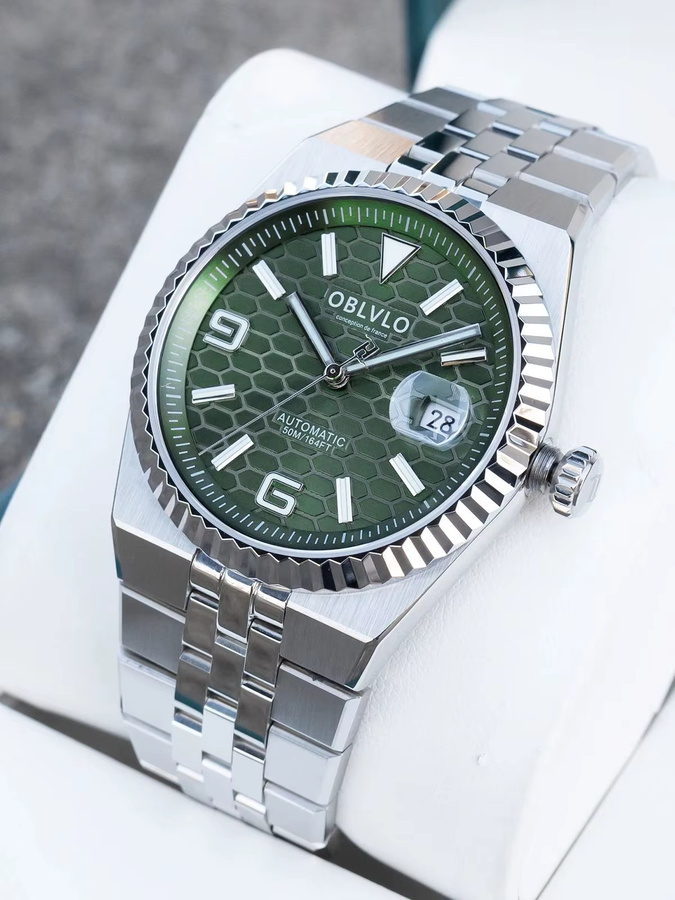 OBLVLO Armbanduhr Automatik, Edelstahl, grünes Zifferblatt, Herren - Bild 4