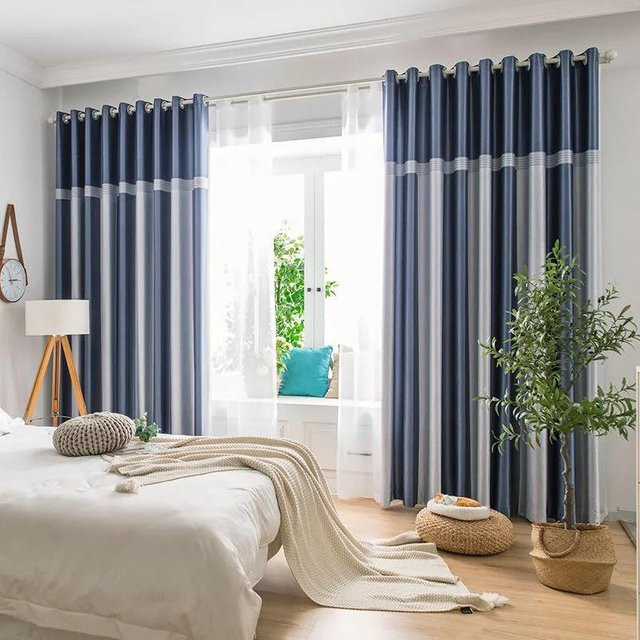 WTEMPO 2-teiliges Blackout-Vorhangset mit Streifenmuster in Blau, Breite: 150 cm, Höhe: 270 cm - Bild 1