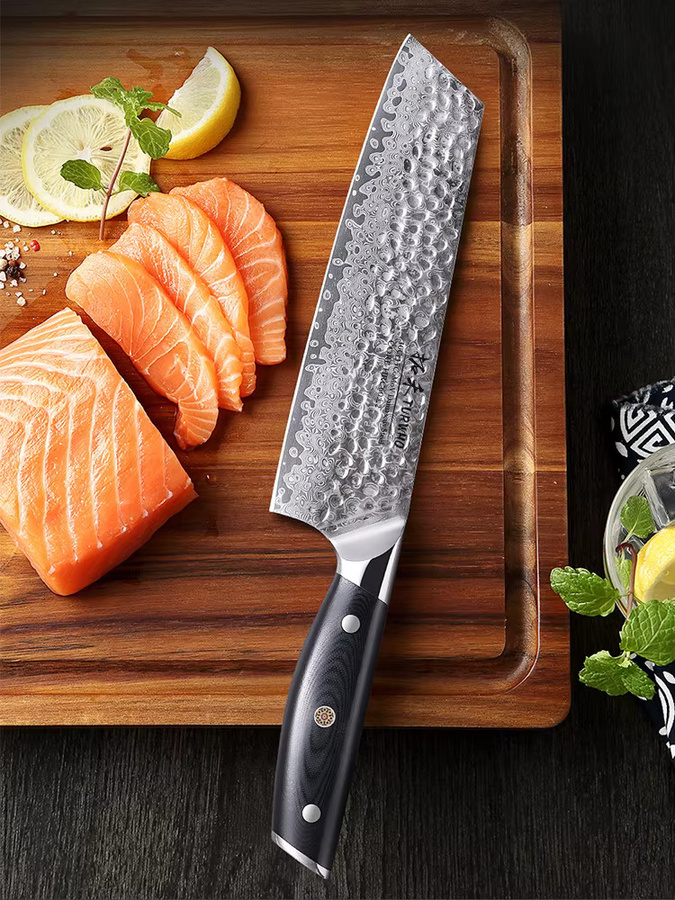 TURWHO Bunka-Messer im japanischen Stil aus 67-lagigem Damaststahl, Kiritsuke-Kochmesser in Silber mit Holzgriff, Länge: 19,05 cm - Bild 7