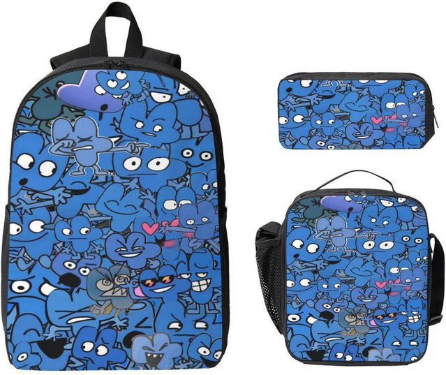 3-teiliges BFDI Battle For Dream Island Schulset für Kinder mit Rucksack, Federmäppchen und Brotdose in Schwarz und Blau von Fancy Style Studio - Bild 1