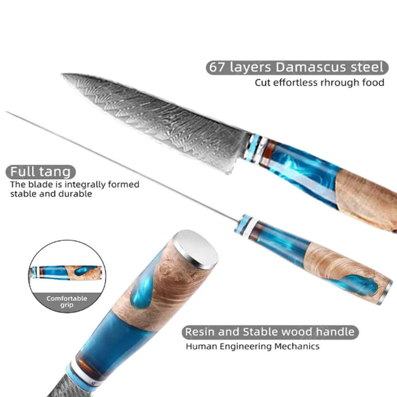 WXCOO Damaszener Stahl Kochmesser-Set mit blauem Harzgriff, professionelles japanisches Küchenmesser-Set für den Allzweckgebrauch inklusive Obst- und Schälmesser - Bild 5