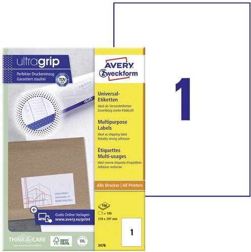 Avery Zweckform Universal-Etiketten 3478, Weiß, Papier, B/H: 21,0 x 29,7 cm, 100 Stück - Bild 1