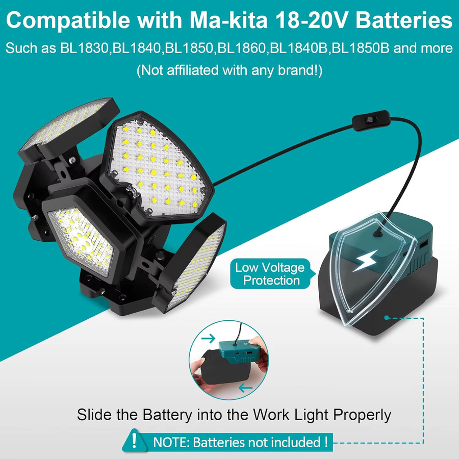 Wiederaufladbare 65W LED-Flutlichtleuchte mit 6500LM für Garten und Arbeit, kompatibel mit Dewalt, Makita und Milwaukee, Farbe: Weiß/Schwarz - Bild 3