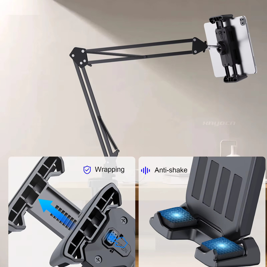 Homhu Tablet-Ständer mit langem Arm in Schwarz, verstellbare Halterung für iPad und Smartphones von 4 bis 14 Zoll für Schreibtisch und Nachttisch - Bild 5