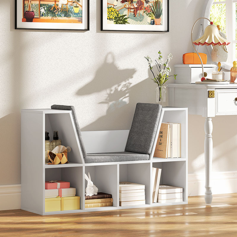 Aosom HOMCOM Bücherregal mit Sitzkissen in Weiß, Aufbewahrungsregal mit 6 Fächern in Leinenoptik, B/H/T: 105 x 63 x 30 cm - Bild 2