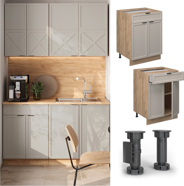 Vicco Schubunterschrank Fame-Line Eiche in Grau-Beige mit Arbeitsplatte in Anthrazit, Breite: 60 cm - Bild 1