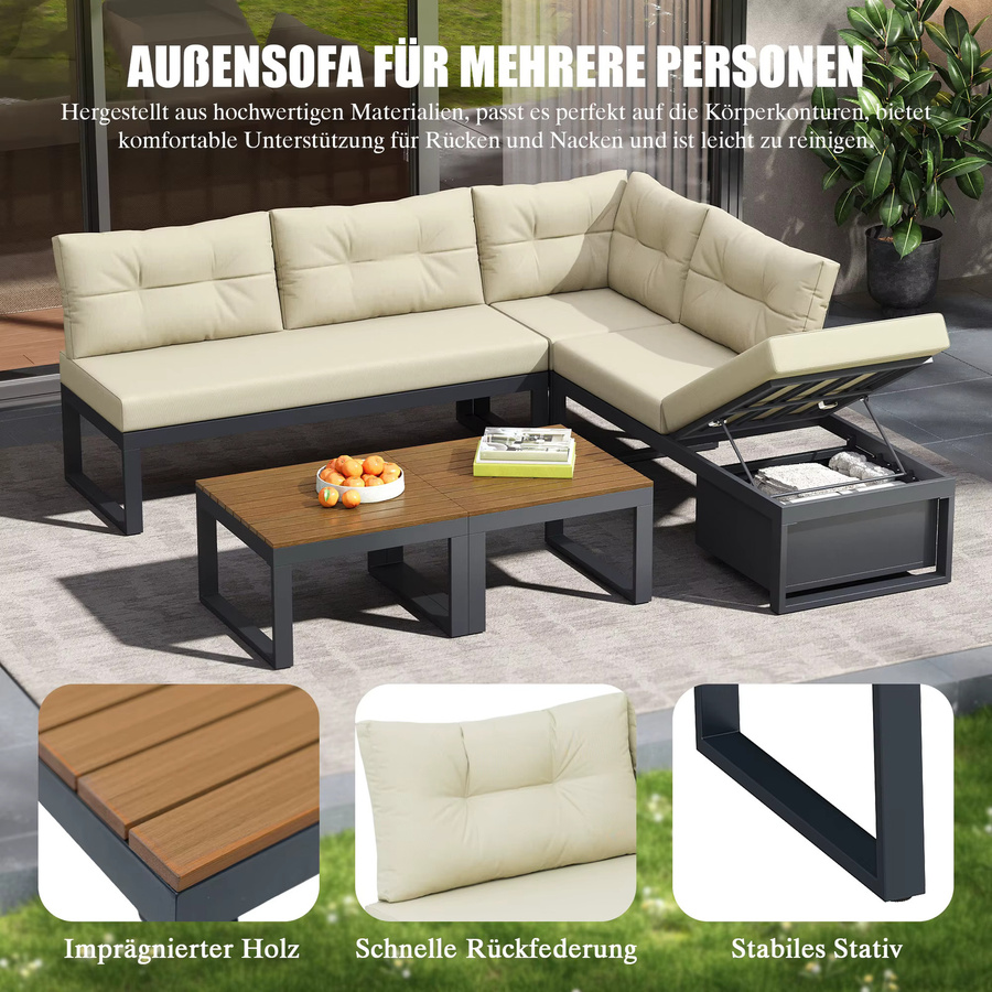 LVHOM Modulares L-förmiges Outdoor-Ecksofa mit Aluminiumrahmen, Holztisch und Kissen in Beige und Weiß, wetterfestes Garten- und Terrassen-Set mit Stauraum - Bild 5
