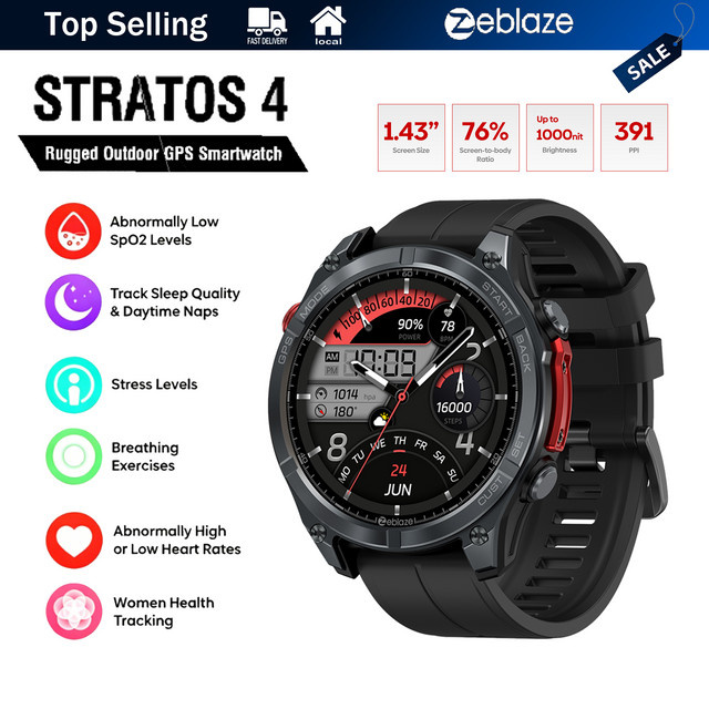 Zeblaze Stratos 4 GPS Smartwatch mit 1,43 Zoll AMOLED Display, Bluetooth Calling, Kompass, Höhenmesser und 5ATM Wasserdichtigkeit in Schwarz - Bild 1