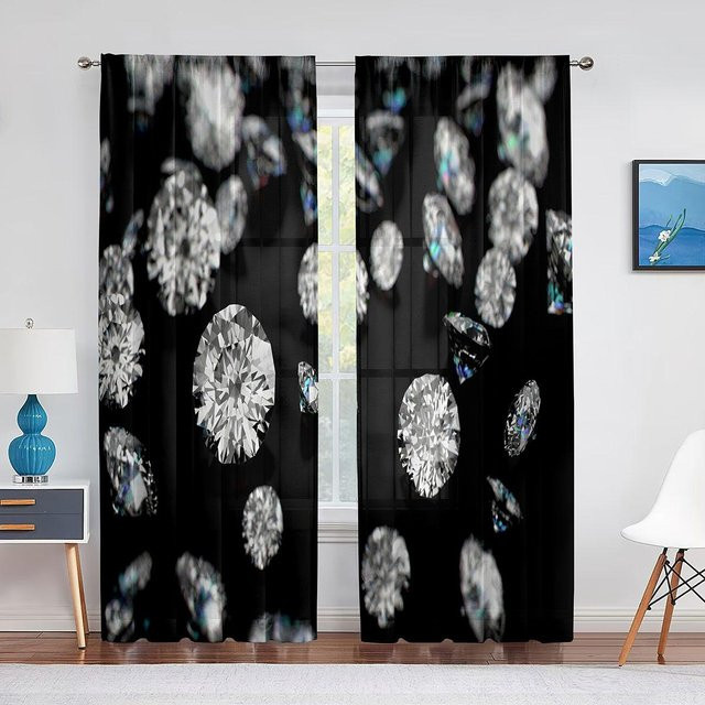 Transparentes Chiffon-Fenstervorhang Super Six mit Diamanten-Motiv auf schwarzem Hintergrund, Breite: 100 cm, Höhe: 250 cm - Bild 1