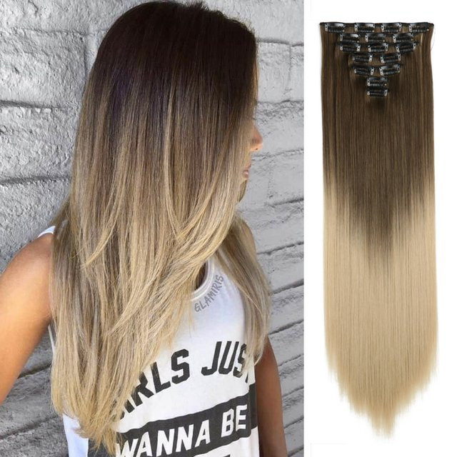 SHUOXIU Haarverlängerung Clip-in, synthetisch, 22 Zoll, schwarz, 7 Stück, Damen - Bild 1