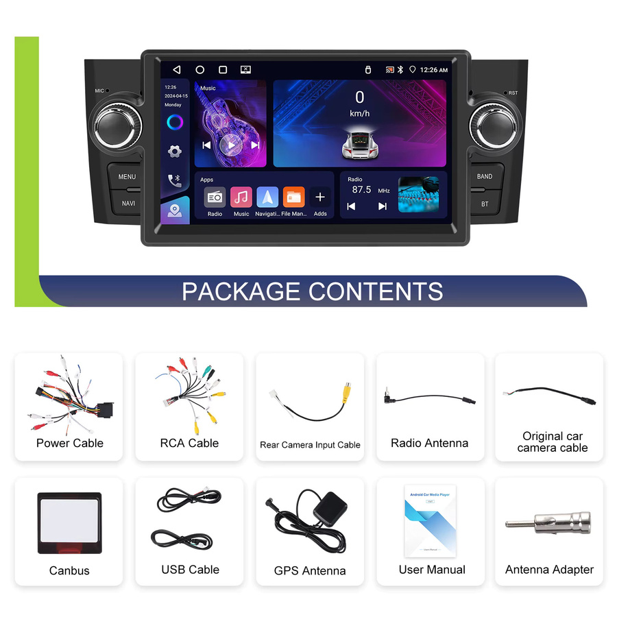 Podofo 7 Zoll Wireless CarPlay Autoradio für FIAT Punto 2005-2009 und Linea 2007-2011 mit Android, GPS, Bluetooth und FM/RDS in Schwarz - Bild 6