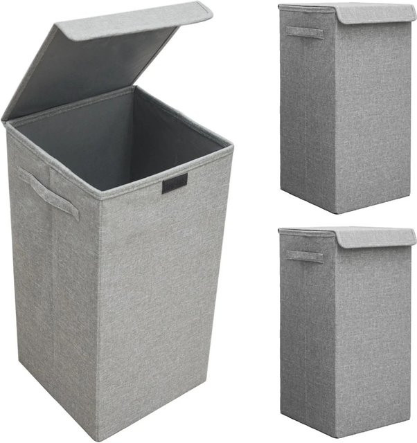 DuneDesign 3er Set Wäschekorb mit Deckel und XXL Wäschesammler, Grau, 50 Liter pro Korb - Bild 1