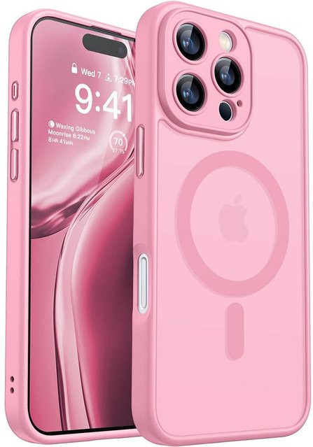 Stoßfeste Hybrid Panzer Hülle für iPhone 16 15 14 13 12 11 Pro Max Plus in Transparent und Pink mit Matt-Effekt und Silikonhülle - Bild 1