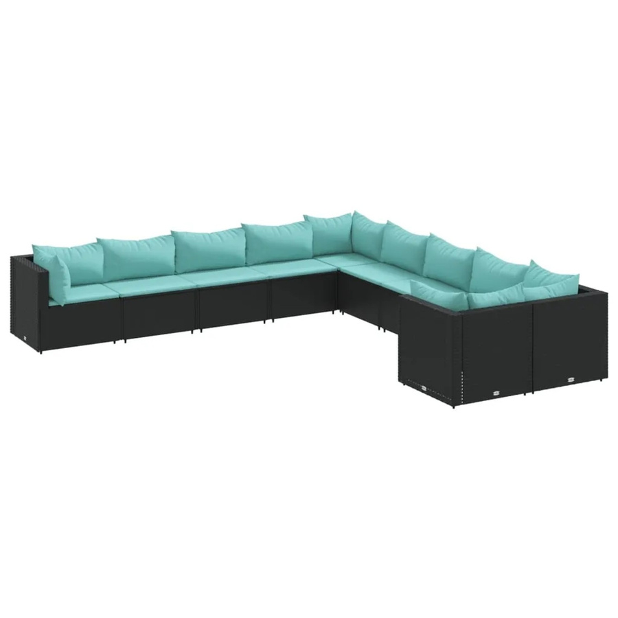 vidaXL 10-tlg. Garten-Sofagarnitur in L-Form mit Kissen, Schwarz und Blau, Poly-Rattan mit Metallrahmen - Bild 2