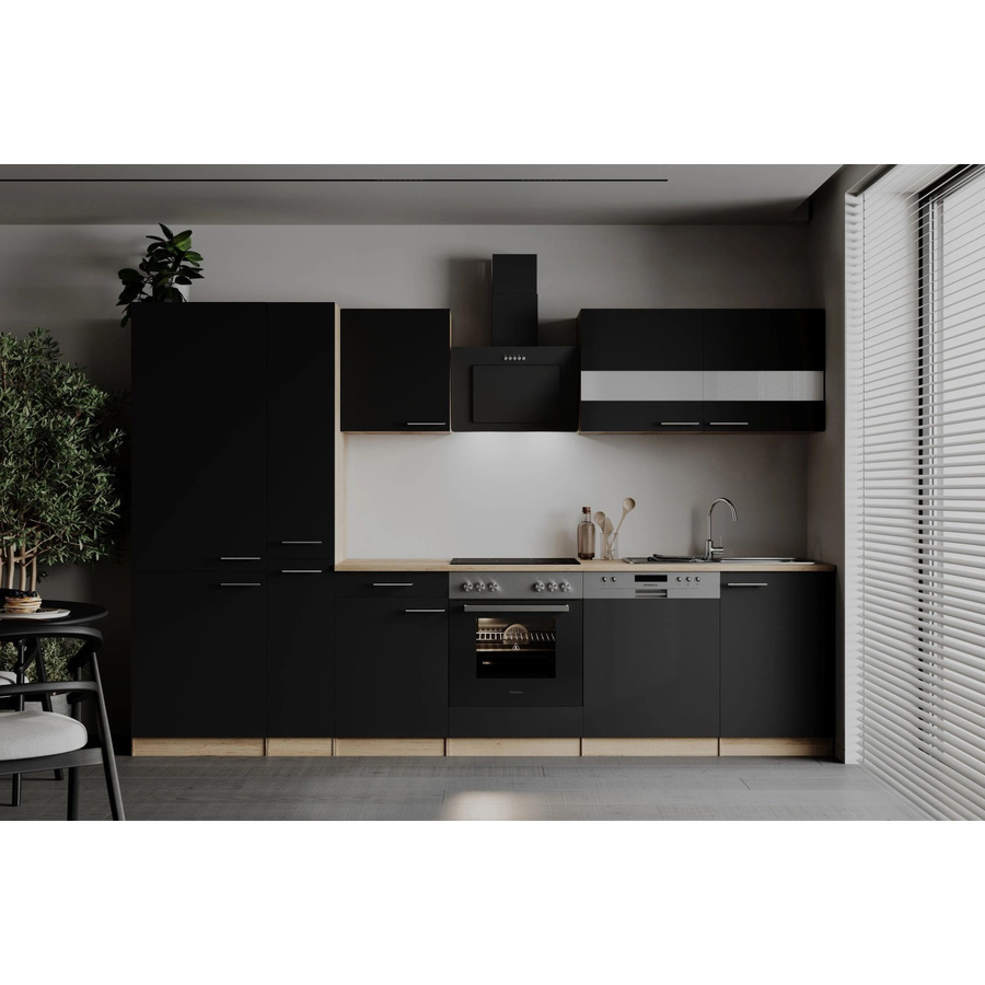 Respekta Küchenzeile Merle Modern in Schwarz mit Eiche Sägerau Nachbildung und Glastüren, B: 310 cm, H: 200 cm, T: 54,5 cm - Bild 2