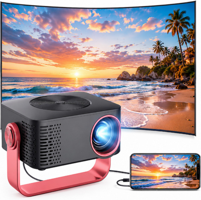 Tragbarer Mini Beamer in Schwarz mit 1080P Full-HD Decoding, Smartphone-Spiegelung und integriertem Lautsprecher inklusive verstellbarem Ständer - Bild 1