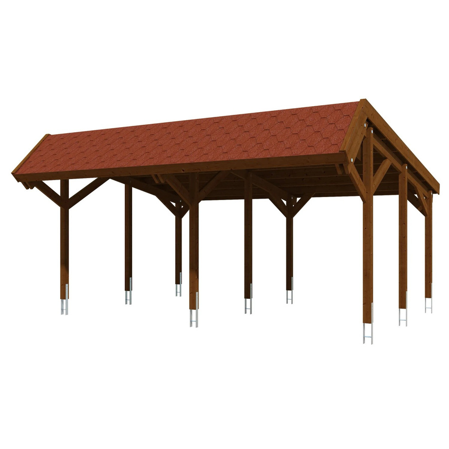 Skan Holz Carport Harz aus Nadelholz in Nussbaum mit roten Dachschindeln B: 624 cm, T: 560 cm - Bild 2