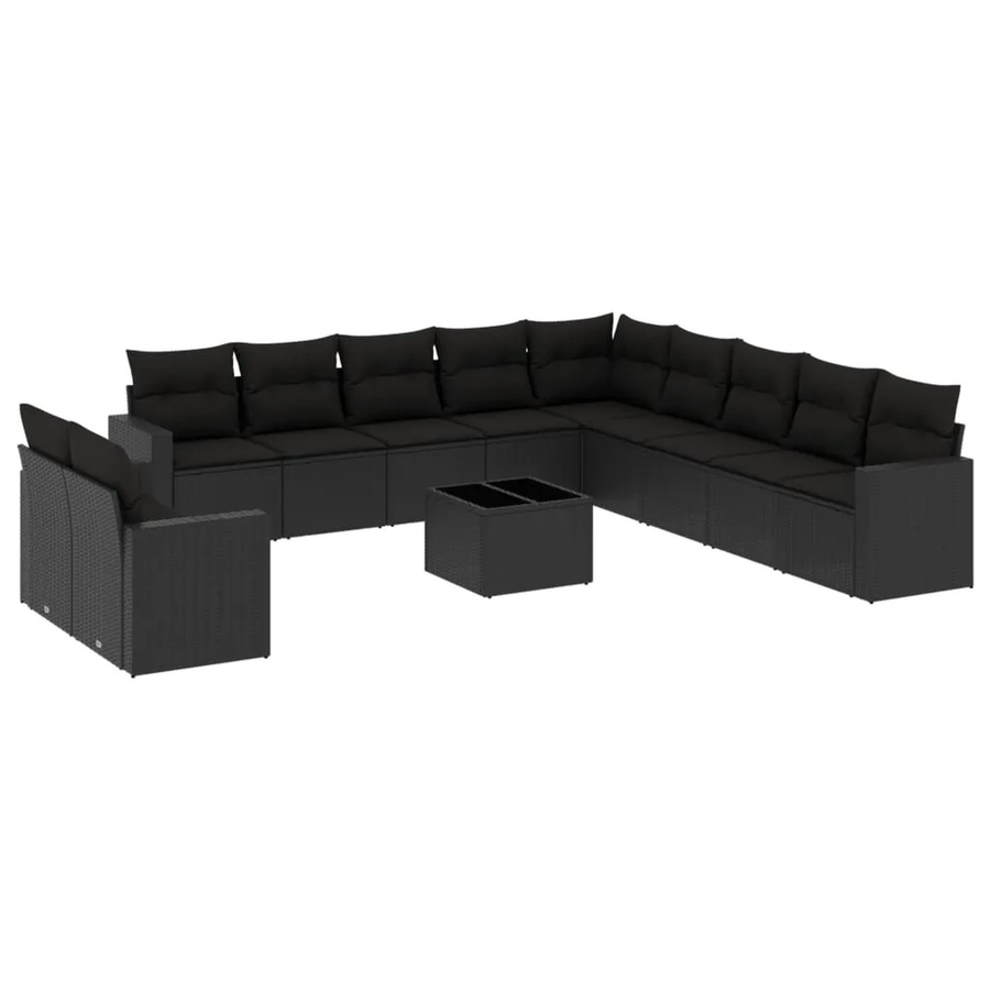 vidaXL 12-tlg. Garten-Sofagarnitur in L-Form aus schwarzem Poly-Rattan mit UV-beständigen Kissen und pulverbeschichtetem Stahlgestell - Bild 2