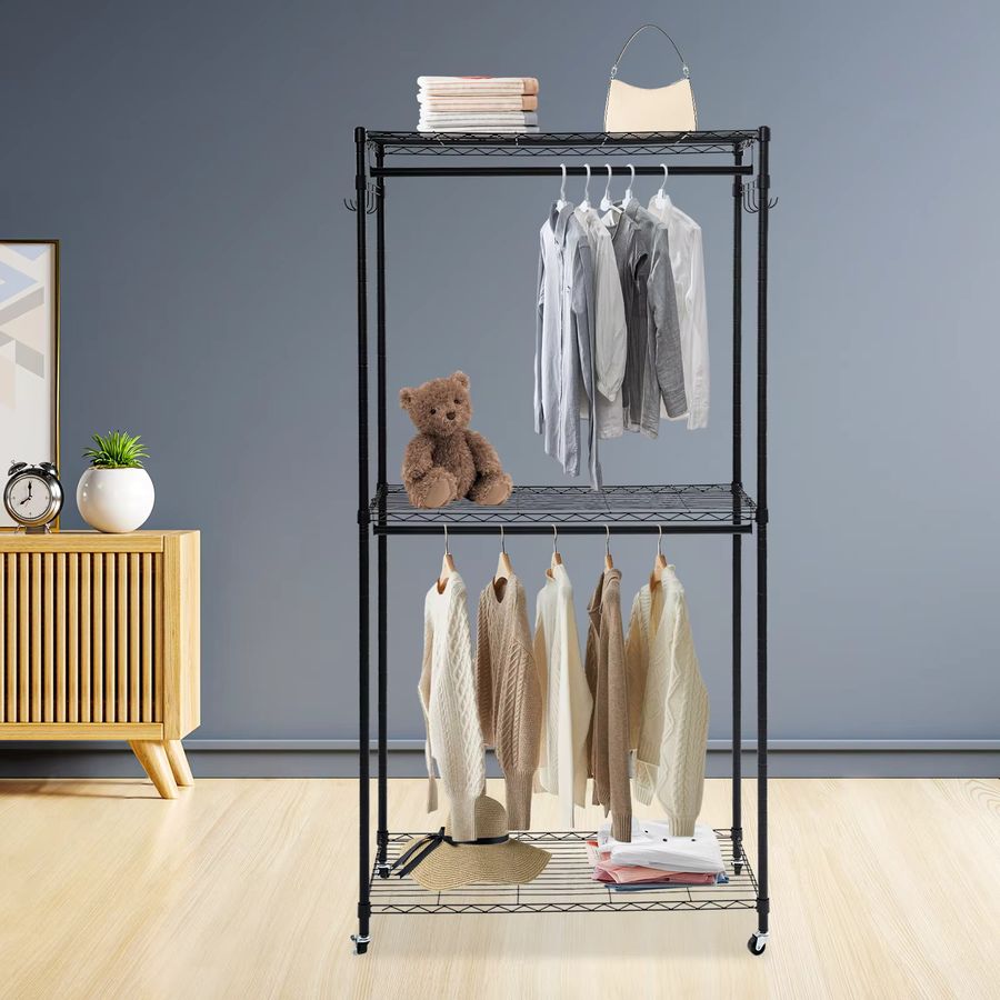 Bymaocar 2-stufiger Kleiderständer als Stangenschrank-Organizer in Schwarz mit 4 Universalrädern, B/T/H: 90 x 43,5 x 180 cm - Bild 2