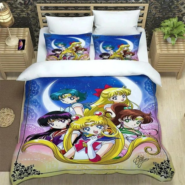 Anime Sailor Moon Bettwäsche-Set aus Mikrofaser mit Bettbezug und Kissenbezügen, Mehrfarbig, Breite: 133 cm, Länge: 200 cm (Hinweis: Da nur 70x133cm im Text standen, aber ein Bettbezug gemeint ist, wird hier die Breite: 133 cm, Länge: 70 cm gemäß den Date - Bild 1