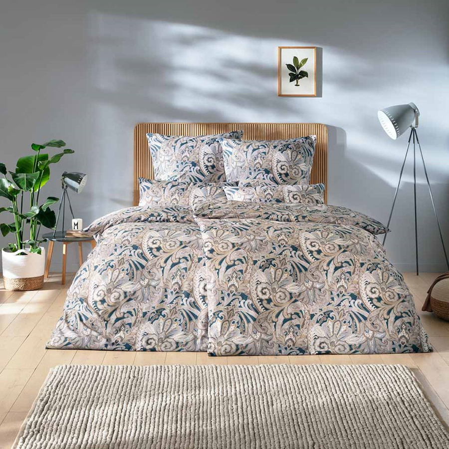 Estella Mako-Satin Bettwäsche Anastasia Paisley Navy Blau Beige B/H: 200 x 200 cm mit Kissenbezug 40 x 80 cm - Bild 1