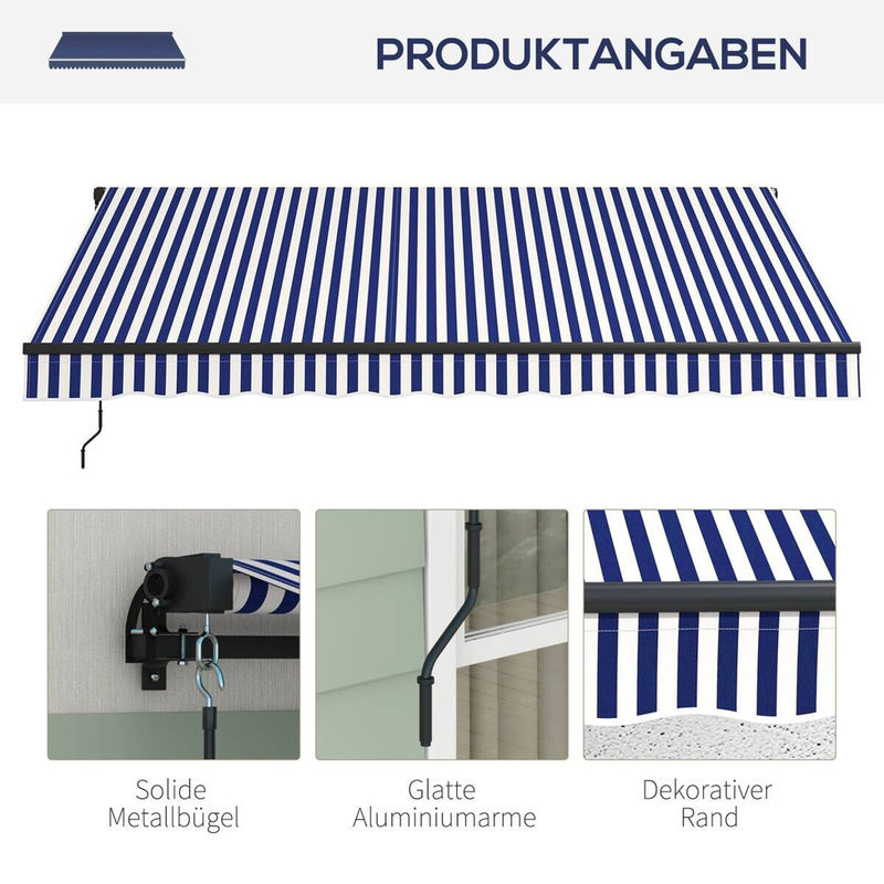 Outsunny Markise blau mit Kurbel und klappbaren Armen, Wandmontage, B/H: 290 x 350 cm - Bild 4