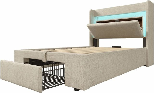 okwish Polsterbett Beige mit hydraulischem Stauraum, USB-Ladeport und Unterbettbeleuchtung, B/T/H: 90 x 200 x 111 cm - Bild 1