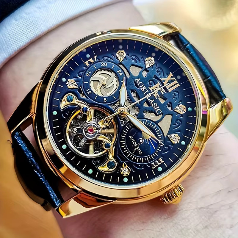 AOKULASIC Armbanduhr Automatik, Tourbillon, Diamant, Gold, Blau, Herren - Bild 3