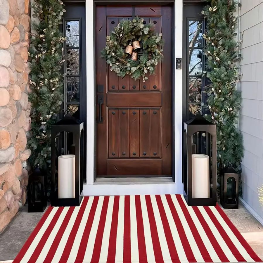 VIKAMA Weihnachts-Außenteppich mit roten und weißen Streifen, rechteckige Willkommens-Fußmatte für die Veranda, B/B/H: 60,0 x 40,0 cm - Bild 3
