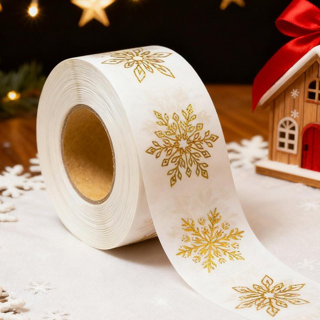 500 Stück Glitzernde Schneeflocken-Aufkleber in Gold als runde Weihnachtsetiketten für Scrapbook, Tagebuch und Grußkarten - Bild 1