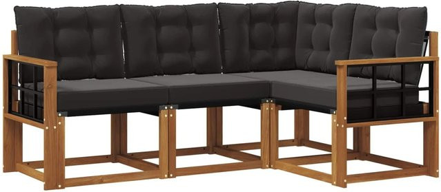 vidaXL Outdoor-Sofagarnitur 4-teilbig L-Form aus Akazienholz und Textilene in Natur und Schwarz mit Kissen - Bild 1