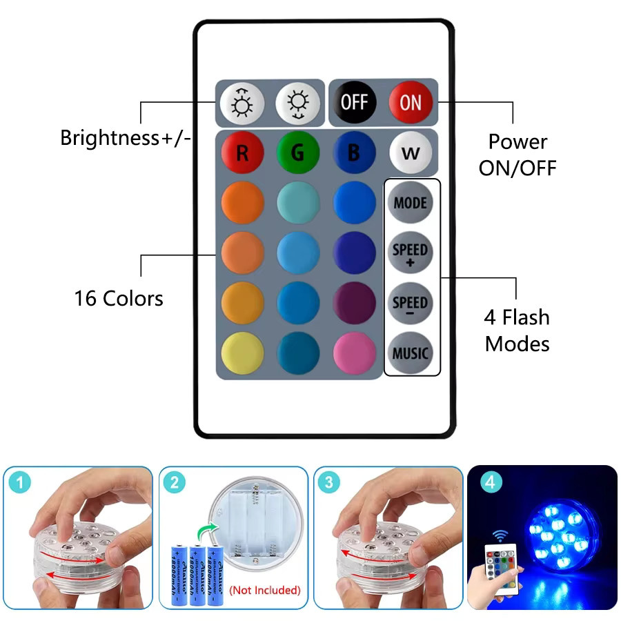 RGB LED Unterwasser Licht mit 10 LEDs, batteriebetrieben, bunt, für Garten, Schwimmbad und Dekoration in Vasen oder Schalen - Bild 2