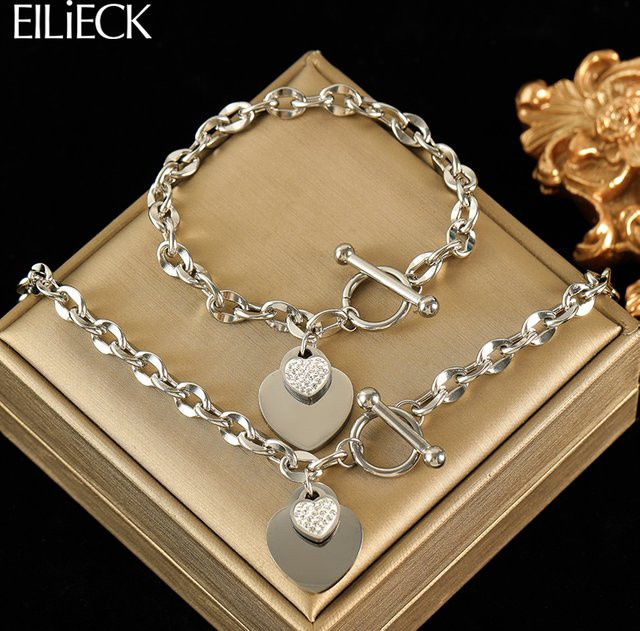 EILIECK Schmuck-Set Halskette Armband, Edelstahl, Silber, Damen, Zirkonia - Bild 1