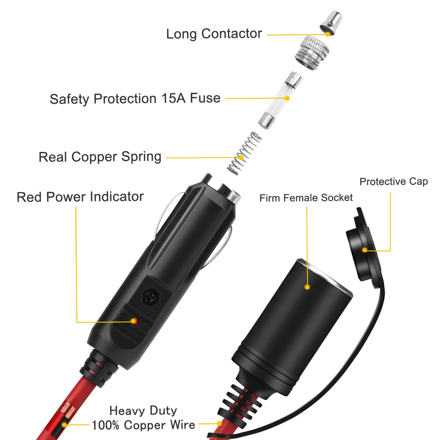 12V 24V Auto Zigarettenanzünder Verlängerungskabel 3,6m mit 15A Stecker und Buchse für Ladegeräte und Splitter - Bild 2