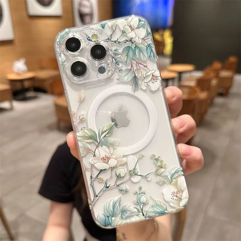MagSafe magnetische Handyhülle mit Blumenmuster für iPhone 11 bis 16 Pro Max, Transparent, Soft TPU Cover - Bild 3