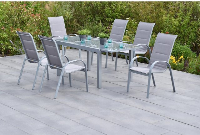 Merxx Amalfi di Lusso Gartenmöbel Set aus Aluminium mit 6 Stapelsesseln und ausziehbarer Gartentisch mit Sicherheitsglas, Farbe: Silber, Braun, Grau - Bild 1