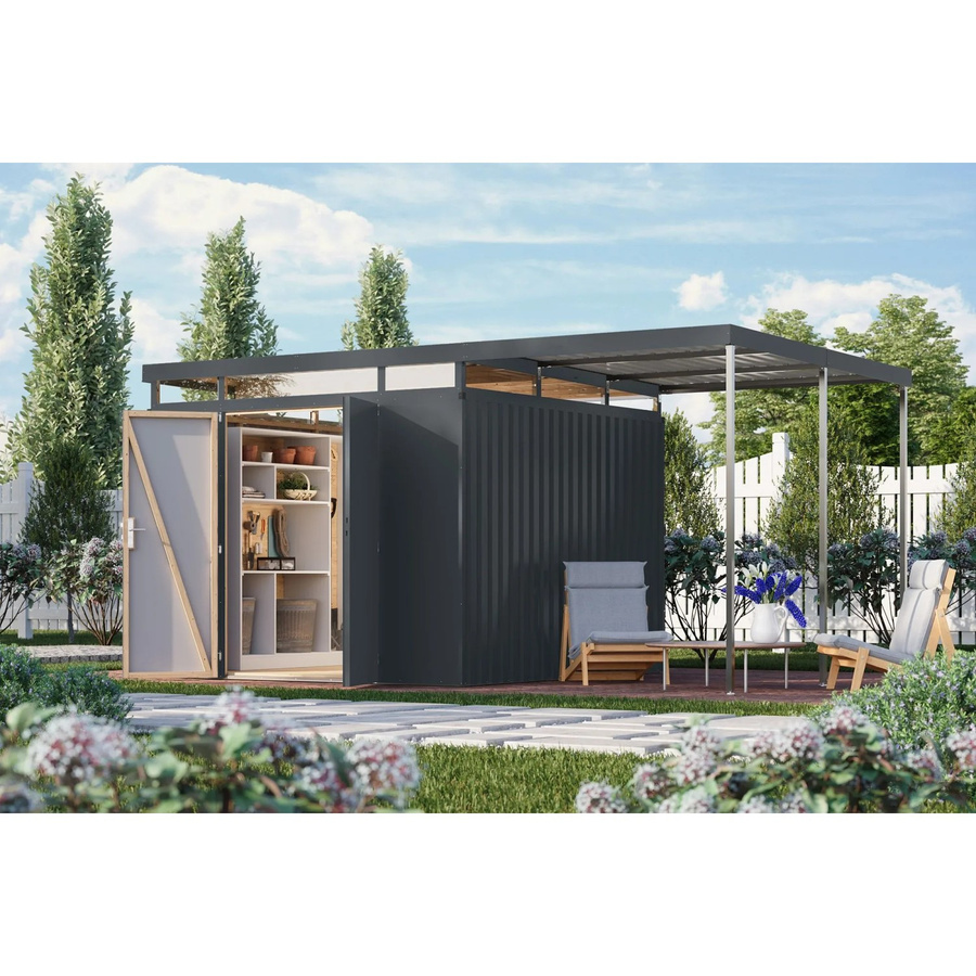 Karibu Metallgerätehaus Argos 3,5 mit Anbaudach in Anthrazit - Bild 2