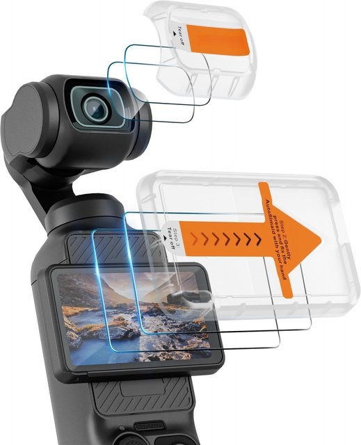 2er-Pack AR HD Gehärteter Glas-Displayschutz für DJI Osmo Pocket 3 und Pocket 4 inklusive Objektiv-Schutz und Auto-Align Installationskit, Transparent - Bild 1