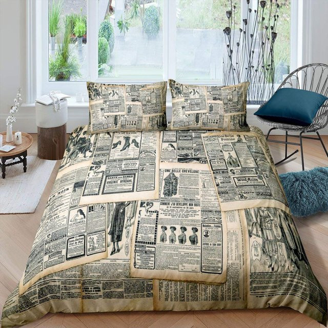 Binchi Fitness Bettwäscheset Vintage Alte Zeitung Design in Braun und Beige, Polyester Bettbezug mit Kissenbezug, B/H: 260 x 220 cm - Bild 1
