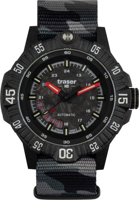 Traser Herrenuhr Automatik, Edelstahl, 46 mm, Textil/NATO, Schwarz, 20 ATM - Bild 1