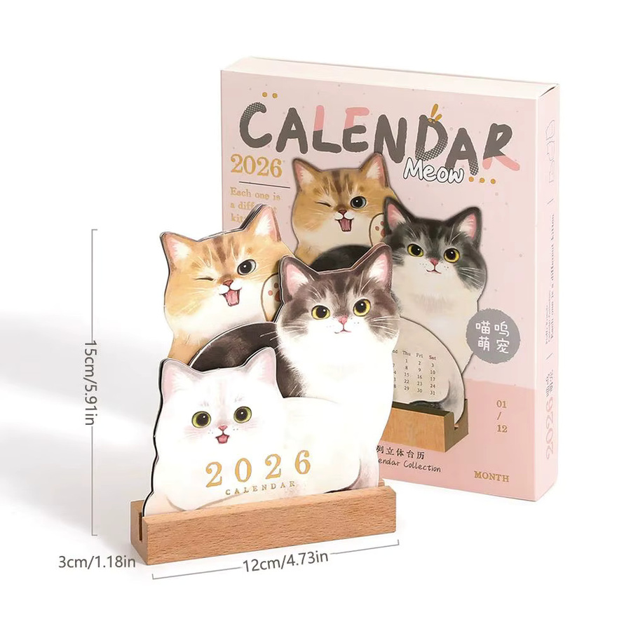 Tischkalender 2026 mit Cartoon Hund und Katze als Monatsplaner inklusive Holzsockel, Mehrfarbig - Bild 2