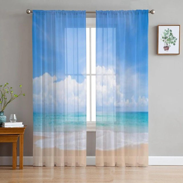 Transparente Tüllvorhänge von A Family Of Home Textiles mit tropischem Strand- und blauem Himmel Motiv, Organza-Voile-Vorhang für Wohnzimmer, Schlafzimmer und Küche, Farbe: Blau/Transparent, Breite: 135 cm, Höhe: 183 cm - Bild 1