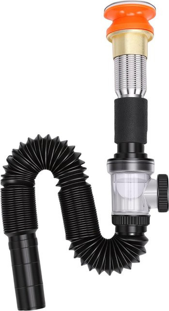 Fishine Badezimmer Waschbecken Abfluss-Set in Schwarz mit flexiblem Siphon und Pop-Up Stöpsel - Bild 1
