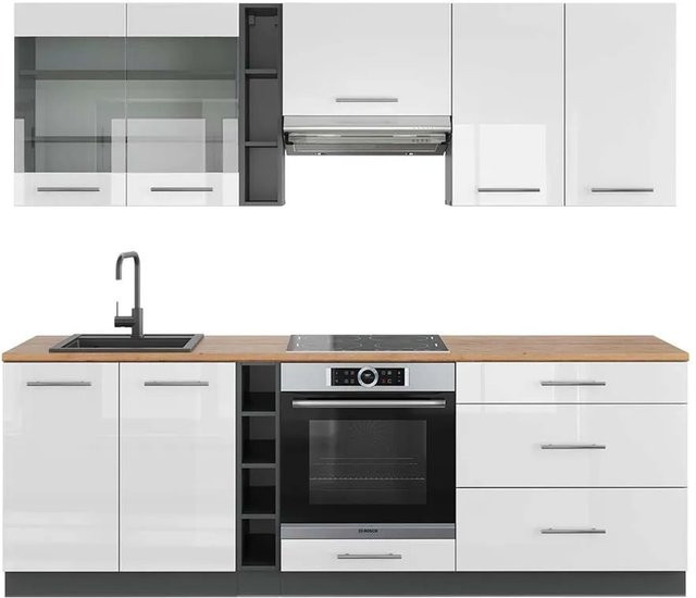 Vicco Fame-Line Küchenzeile in Weiß Hochglanz und Anthrazit mit Eiche-Optik, Breite: 235 cm - Bild 1
