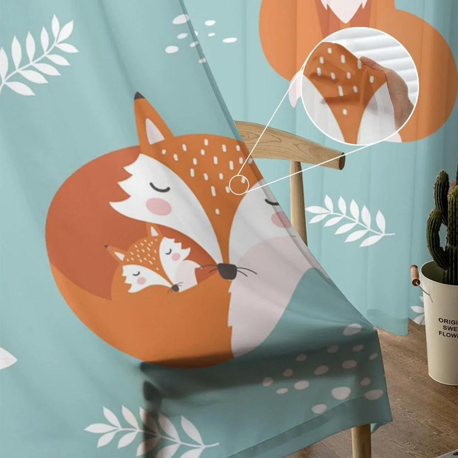 Yiran Furniture Transparentes Voile Organza Tüll Vorhang mit Fuchs Motiv in Orange und Blau, Breite: 135 cm, Höhe: 115 cm - Bild 1