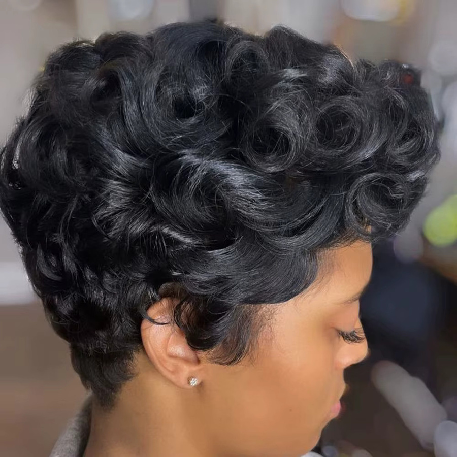 OYM HAIR Remy-Echthaar Perücke, lockig, Pixie-Schnitt, Damen - Bild 3
